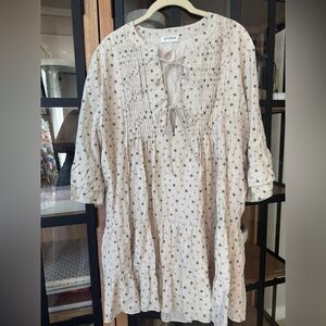 Storia mini dress tie front bows beige airy flax ditsy floral block print tiered